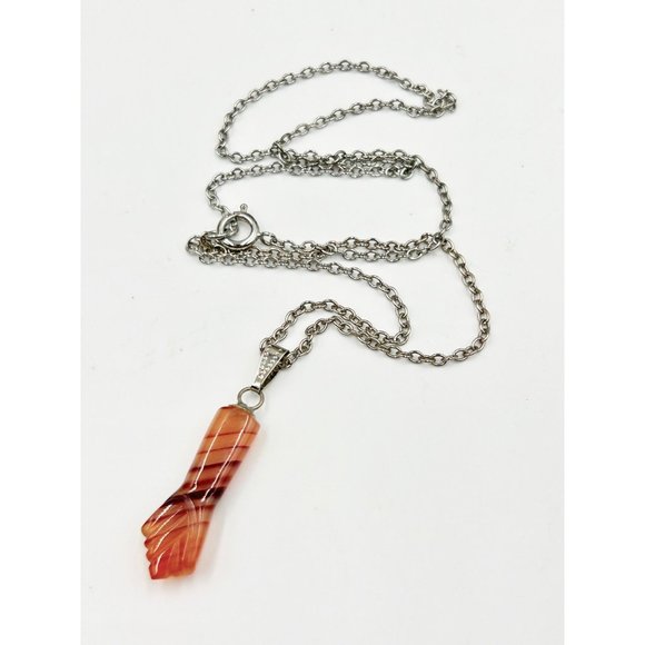 Vintage Striped Agate Mano Figa Pendant Necklace Genuine Stone Silver Tone Chain - Picture 4 of 7